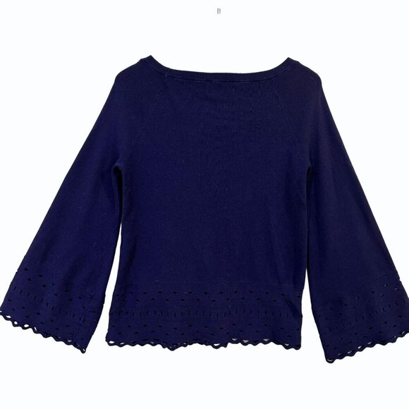 RAMY BROOK Dianna Sweater Top Womens XS Laser Cut Bell‎ Sleeve Navy Blue Capsule - Picture 6 of 11